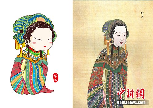 以国图馆藏《庆赏升平》为基础设计的公主形象(左),右图为《庆赏升平》中的公主形象。国家图书馆供图 点击进入下一页
