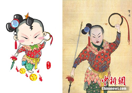 以国图馆藏《庆赏升平》为基础设计的哪吒形象(左),右图为《庆赏升平》中的哪吒形象。国家图书馆供图 点击进入下一页