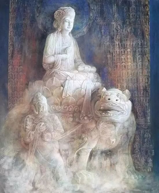 传情入色:成都闹市神秘高知,一直坚持用宝石画画(图12) 蔡光明《文殊菩萨》150x180