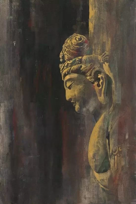 传情入色:成都闹市神秘高知,一直坚持用宝石画画(图13) 万江《佛像》60cm×90cm