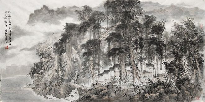 国智智库卜玺山圆满完成最高人民法院巨幅壁画《盛世金秋》创作(图6) 卜玺山同志代表作之一《平湖垂钓》