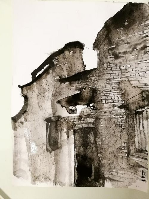 水墨酣畅,气韵生动——刘卫兵绘画作品欣赏(图4) 乡愁系列桂东建筑写生•老屋残垣 16cmx22cm
