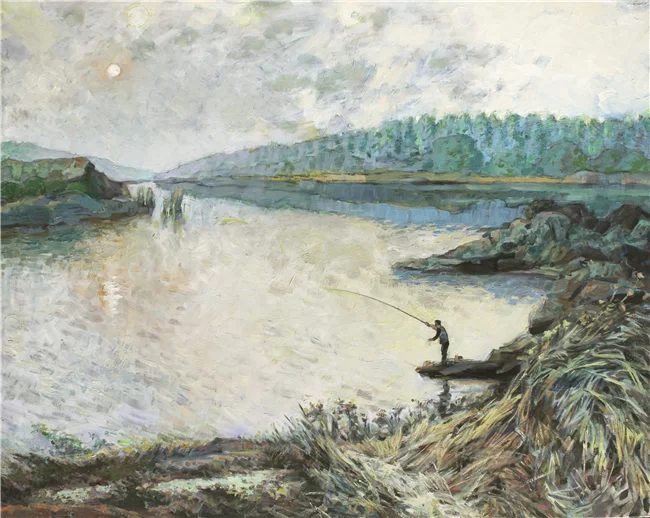 用油画描绘色彩人生——侯业油画作品欣赏(图5) 沙河垂钓 100cmX80cm 油画